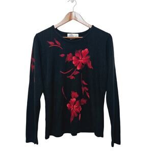 C.D. Sport Sweater Women's Size L Black Red Floral Soft Vintage Casual Cottage